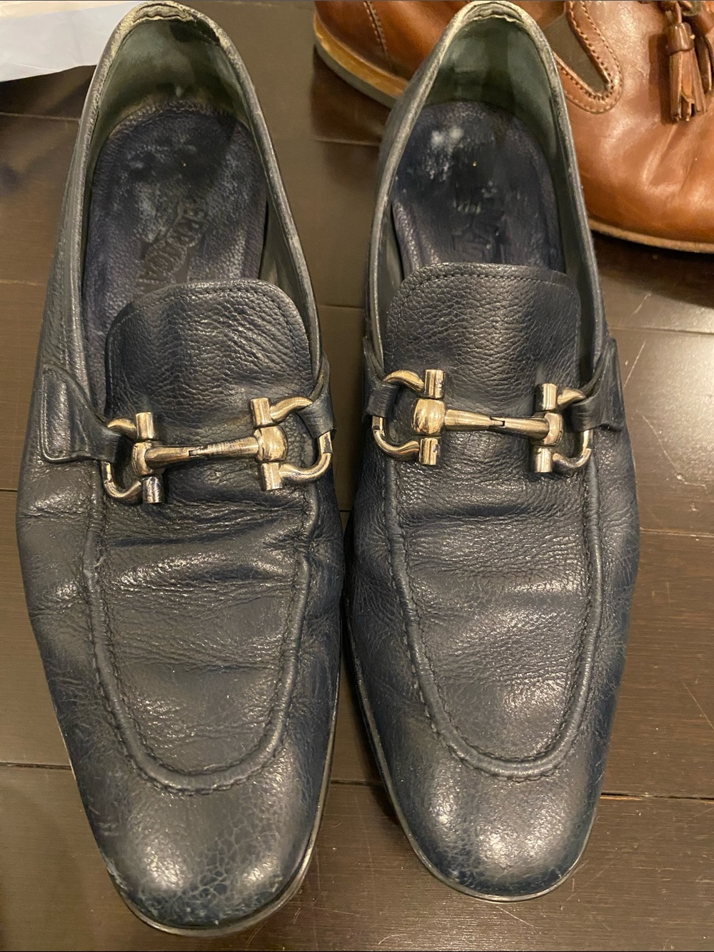 Salvatore Ferragamo Navy Leather Bit Loafers with Gold Hardware